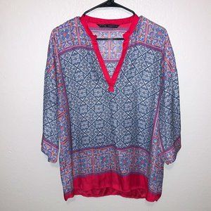 Zara Basics Blue and Pink Boho Blouse (M) Medium.
